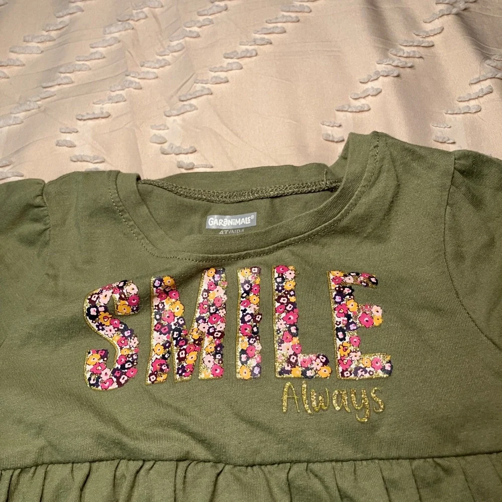 Garanimals Girls 4T Outfit Set Olive Green Smile Top & Baby Gap Denim Joggers